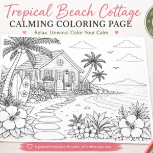 Tropical Beach Cottage Calming Coloring Page Printable